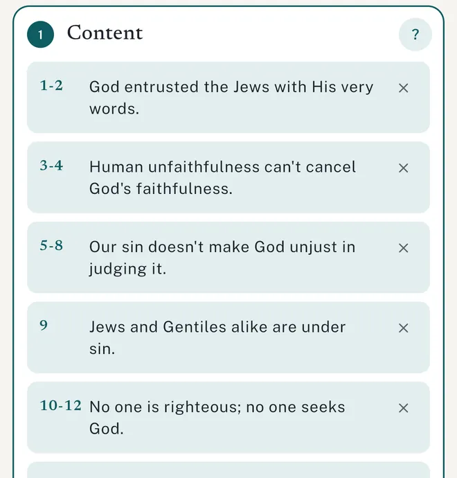 The Content step with verse ranges like 1-2, 3-4 and 5-8, each with a short summary.