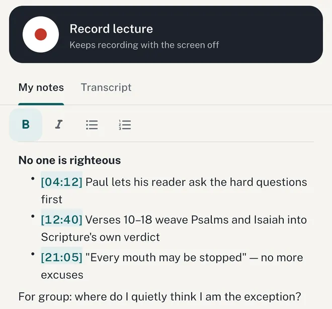 The Record lecture button above the My notes and Transcript tabs, with notes that include time marks.