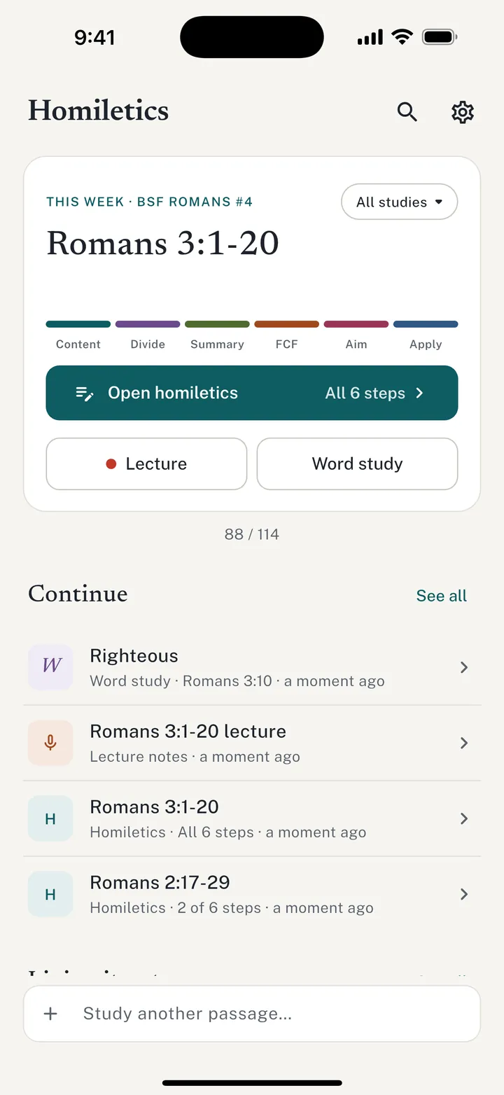 The Homiletics home screen on iPhone showing this week's passage, Romans 3:1-20, with a six-step progress bar.