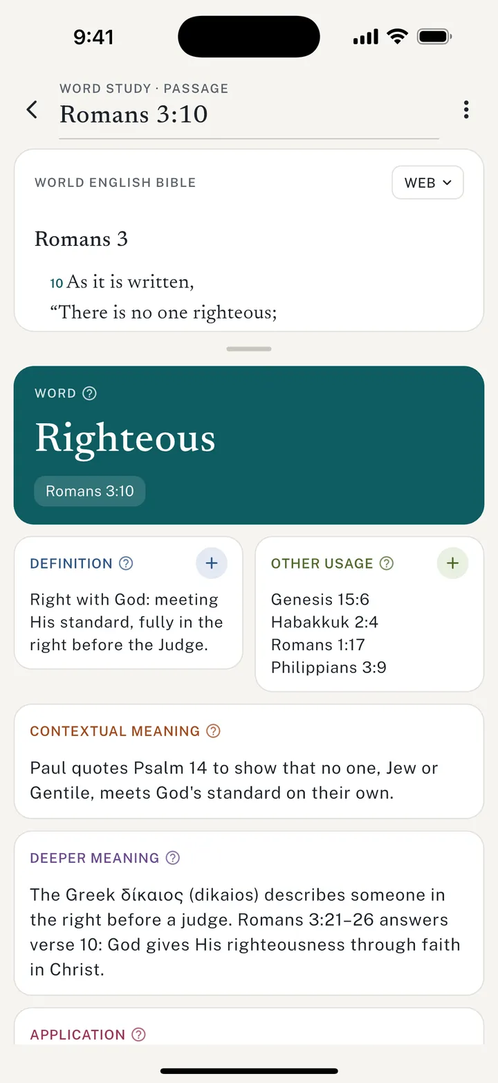 A word study on "Righteous" from Romans 3:10 with definition, other usage, contextual meaning and deeper meaning cards.