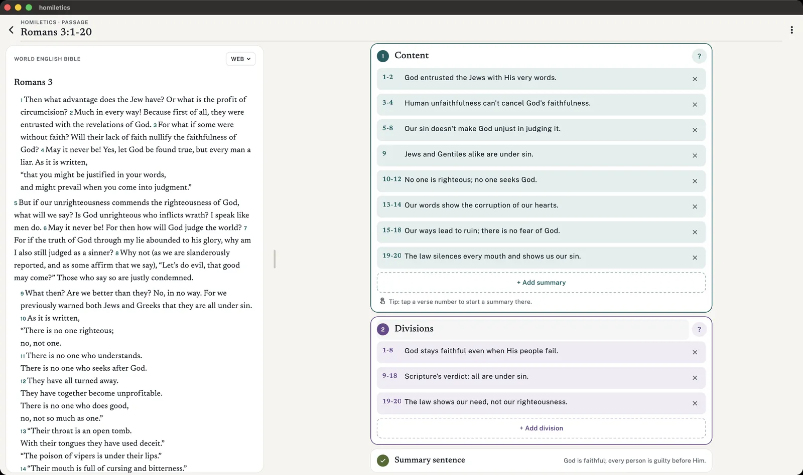 Homiletics on a Mac: Romans 3 on the left, the Content and Divisions steps on the right.