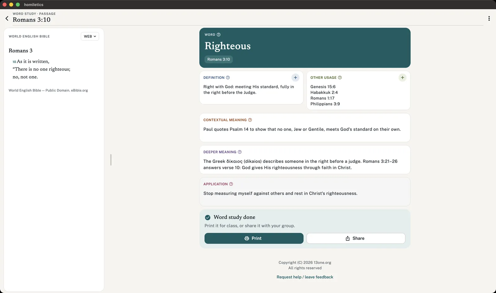 A word study on the word Righteous from Romans 3:10, shown on a Mac with the passage on the left.