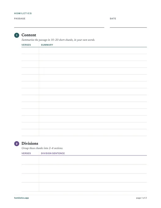 Page one of the blank homiletic worksheet: passage and date lines, a Content table with Verses and Summary columns, and a Divisions table.